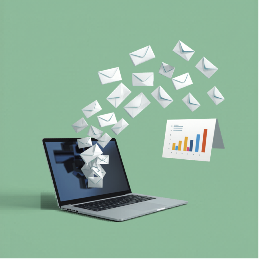 laptop sending email campaigns with envelopes flying out